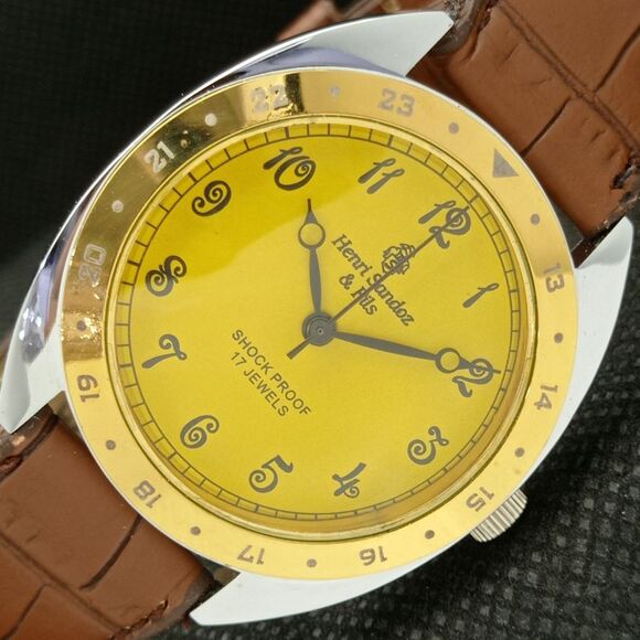 Vintage 1980 Henri Sandoz Manual Mens Silver Watch W/Leather Strap & Gold accent - Picture 1 of 8